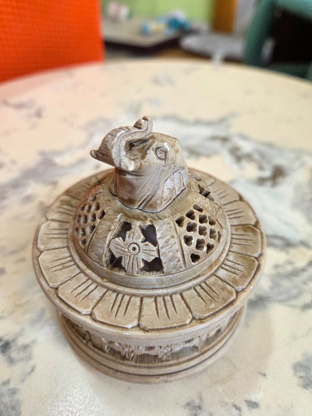 Elephant trinket box-soapstone hand carved pierced Vintage Hindu Indian